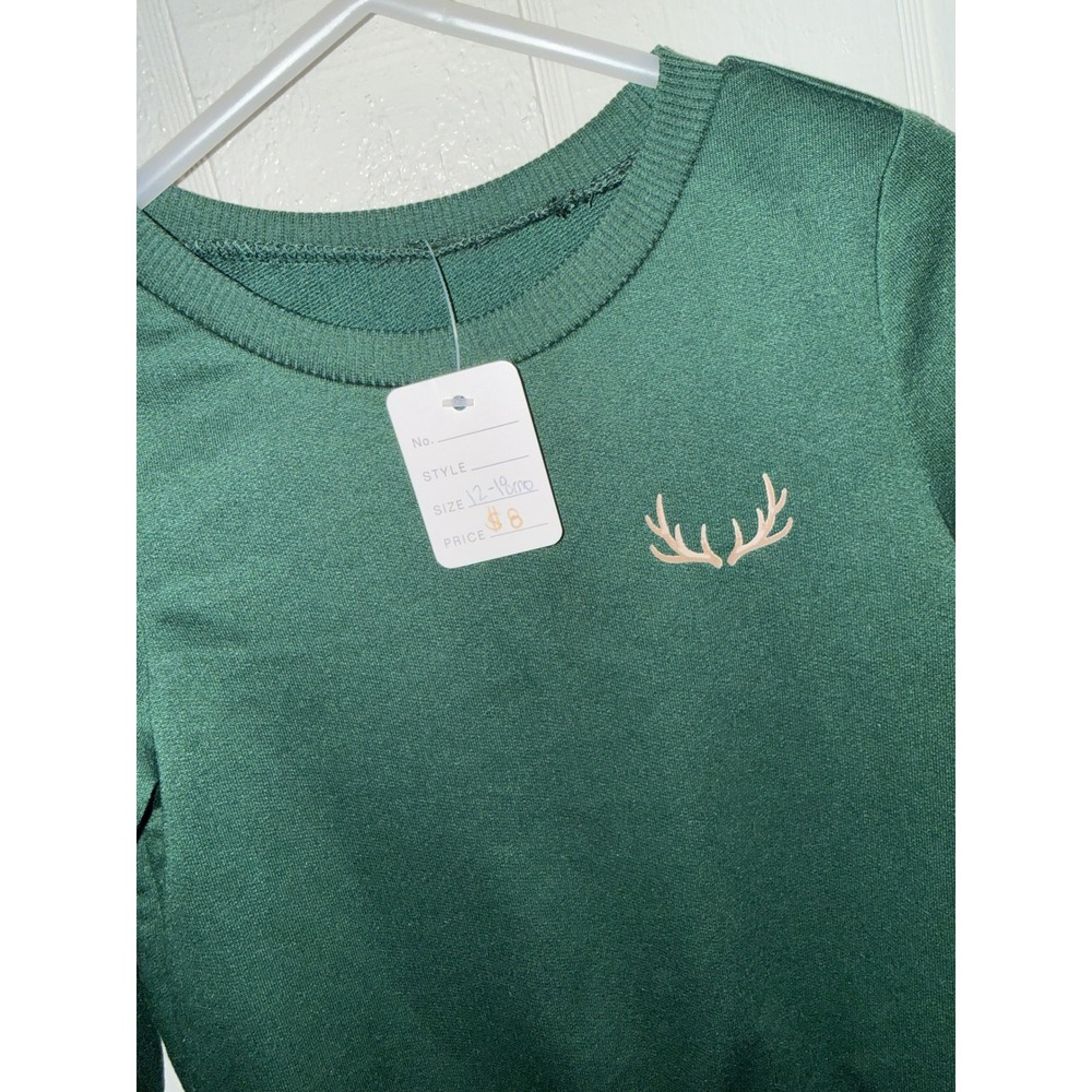 NWT Forest Green Antler Embroidered Kids Sweatshirt Size 12-18 Months - Picture 2 of 3